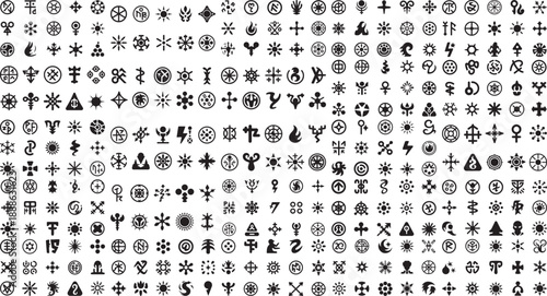Collection of various ancient mystical symbols and icons on white background