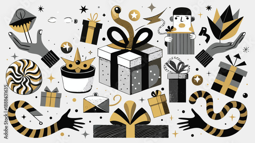 A drawing featuring an assortment of knives and scissors arranged artistically on a plain background..eps