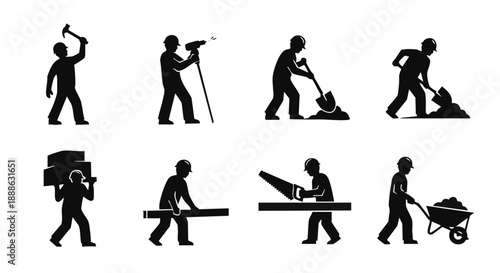 Construction Worker Silhouettes: Vector Icon Set of Laborers Performing Building Tasks (Hammering, Shoveling, Sawing, Drilling, Carrying)