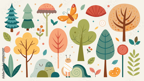 A variety of plants and animals showcased together, highlighting biodiversity in a lush, green landscape..eps