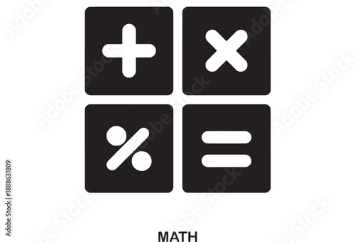 Simple flat design icon grid with math symbols: plus, multiply, percent, and equals on black squares, conceptual for education or calculation