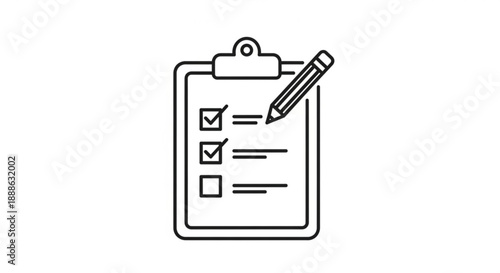 Simple line illustration of a clipboard with a checklist and pencil on a plain background