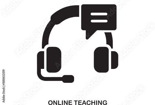 Solid black icon of headphones with a microphone and a speech bubble, symbolizing online communication, education, or customer support.