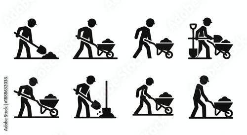 Construction Worker Shoveling and Wheelbarrow Moving Process Icon Set. Manual Labor Black Silhouette Vector Graphics.