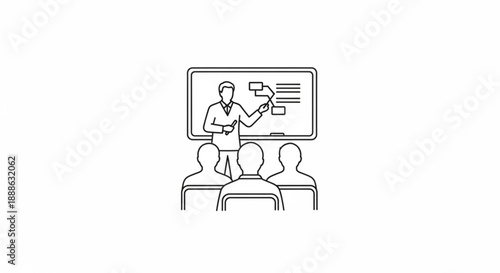 People gathered around a screen displaying a presentation with a person explaining a topic