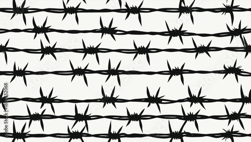 Seamless barbed wire pattern, highlighting sharp barbs and twisted wires in a continuous design..eps