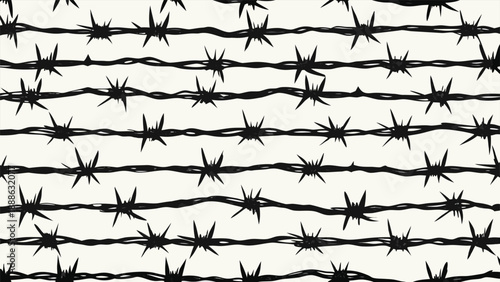 Seamless pattern of barbed wire, featuring sharp points and twisted strands in a repeating design..eps
