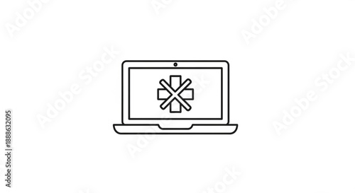 Laptop computer displaying a loading symbol on its screen in a simple line art style