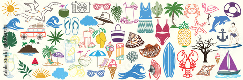 Hand drawn colorful summer beach elements vector collection with beach icon, tropical fruit, ocean life, travel vibes and vacation essential. Playful doodle for poster, sticker and seasonal design.