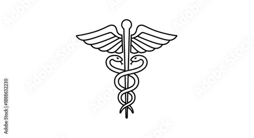 Medical symbol illustration of a staff with wings and snakes, representing healthcare and medicine, viewed from the front