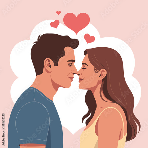 A loving couple stands closely gazing into each other s eyes with hearts floating above