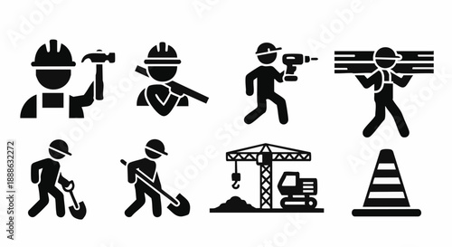Construction Worker Icons Set: Building, Labor, and Industry Silhouettes including Crane, Power Tools, and Safety Cone Pictograms