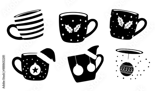 Top-View Christmas Coffee Mug Vector Set with Navy Blue Holiday Cup Designs