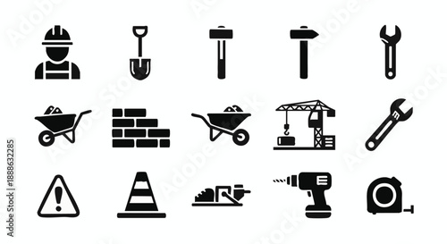 Construction Tools and Equipment Icons Set. Building, Repair, and Engineering Symbols including Worker, Crane, Hammer, Drill, Wrench, Wheelbarrow, and Safety Signs.