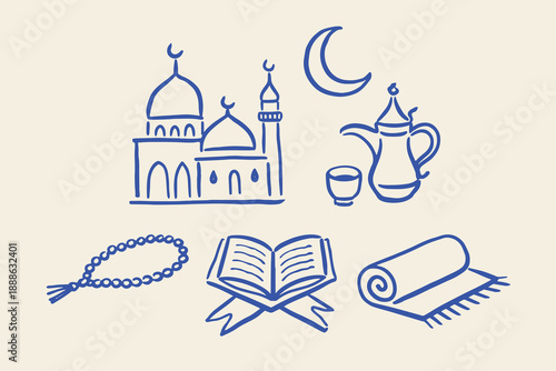 Ramadan mosque doodle Islamic line art vector illustration