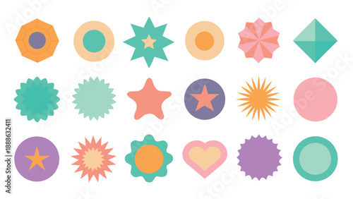 A collection of vibrant starburst shapes in various colors, radiating outward in a dynamic and playful arrangement..eps