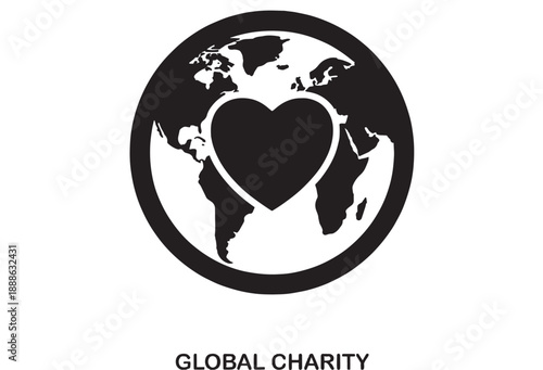 Black and white flat design icon of a globe with a heart symbol centered over continents, representing global love and charity.