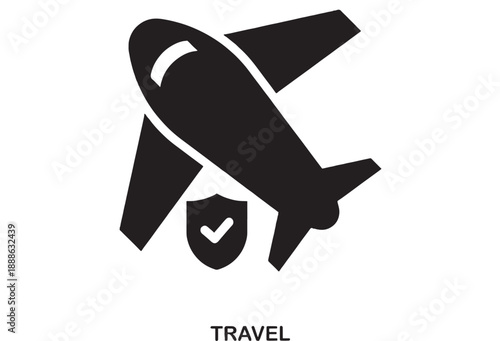 Black silhouette icon of an airplane and a shield with a checkmark, representing travel security and protection, on a white background