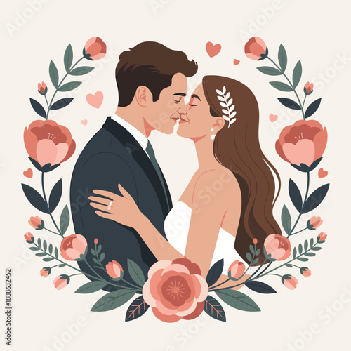 A newlywed couple shares a tender kiss surrounded by a floral wreath illustration