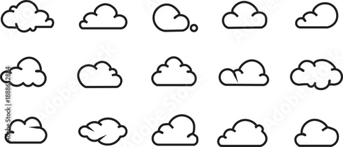 A collection of various simple outline cloud icons and symbols on a white background, representing different weather patterns or digital concepts.