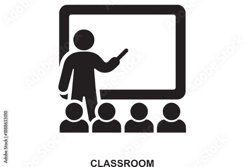 Black silhouette of a teacher pointing at a whiteboard with students sitting in front, representing education and learning