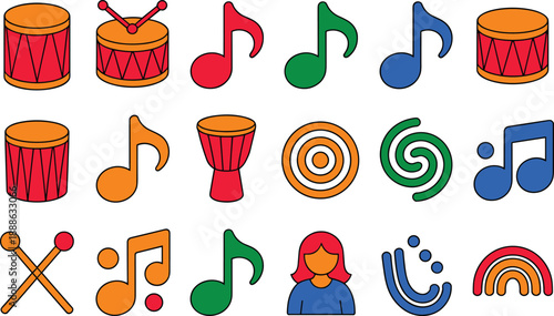Colorful musical notes and drum in drums orange