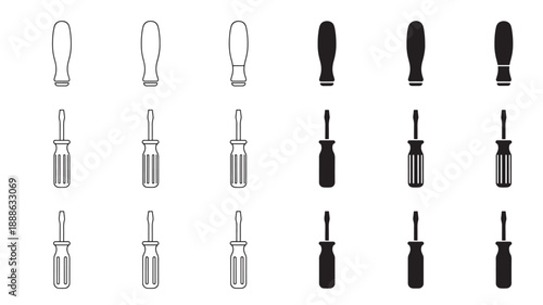 Collection of flat design screwdriver icons, both outline and silhouette, arranged in a grid for repair and DIY projects
