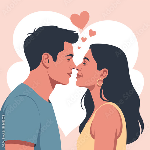 A couple deeply in love share a tender moment almost kissing with hearts floating above