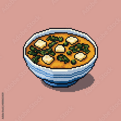 Vector pixel art illustration of a Miso soup in a blue striped ceramic bowl. The image features a vibrant, 16-bit retro style with soft tofu and chopped scallions on a soft pink background.