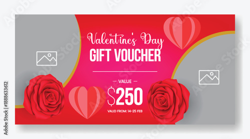 Valentine’s Day gift voucher discount coupon gift card reward giveaway template design with sparkling 3D heart shapes and vibrant vector illustration background horizontal sale banner