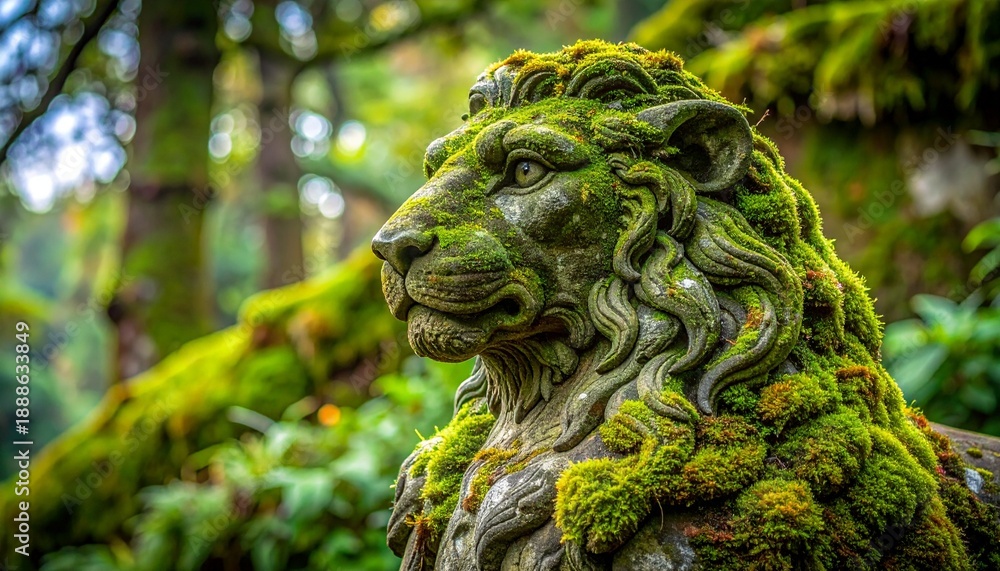 Fototapeta premium Moss-Covered Stone Lion Sculpture, Historic Artifact