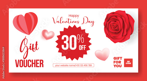 Valentine’s Day gift voucher discount coupon gift card reward giveaway template design incorporating metallic 3D heart shapes and artistic vector illustration background banner layout