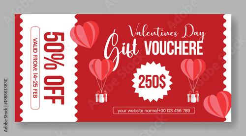 Minimal Valentine’s Day gift voucher discount coupon gift card reward giveaway template design with soft 3D heart accents and smooth vector illustration background sale web banner
