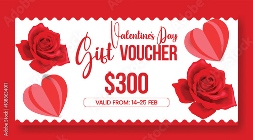 Creative Valentine’s Day gift voucher discount coupon gift card reward giveaway design with floating 3D heart graphics and modern vector illustration background horizontal sale banner layout