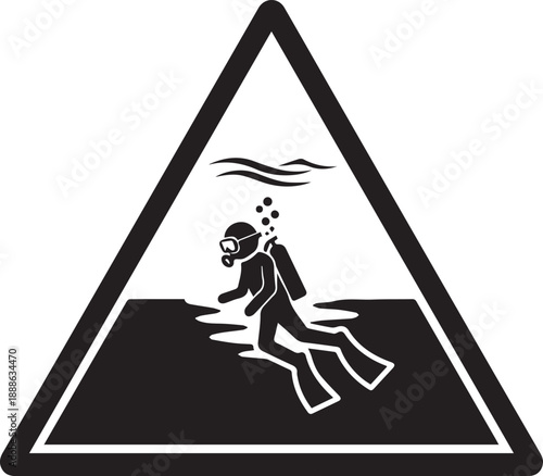 A black and white illustration of a scuba diver exploring underwater beneath a wavy surface, depicted within a triangular warning sign