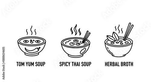 Aromatic Black Line Icons Featuring Popular Asian Soups Such as Tom Yum, Spicy Thai, and Soothing Herbal Broths