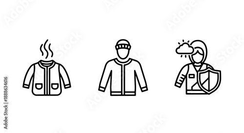 Practical Black Line Icons for Winter Apparel and Weather Protection Featuring Jackets, Beanies, and Shields