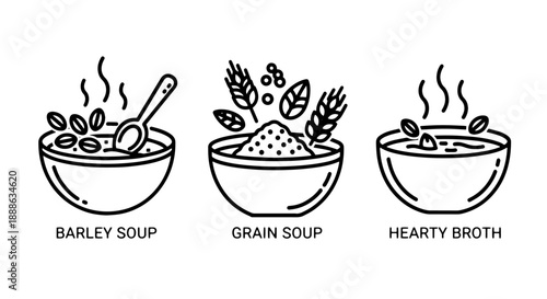 Nourishing Black Line Icons of Hearty Soups, Featuring Barley, Grain, and Rich Broths for Healthy Meals