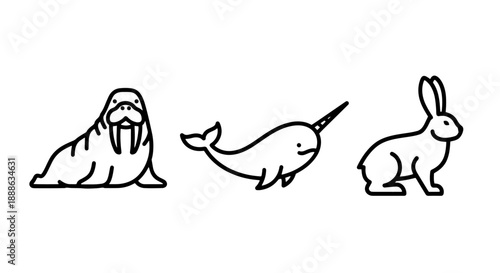 Adorable Black Line Icons of Diverse Animals Including a Walrus, Narwhal, and Rabbit Representing Wildlife