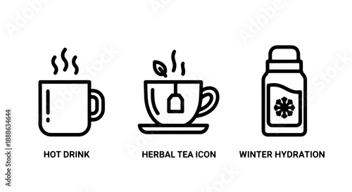 Warming Winter Drinks and Hydration Icons: Steaming Mug, Herbal Tea, and Hot Beverage Bottle for Cold Season Comfort and Wellness.