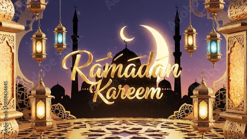 Ramadan Kareem greeting card with lanterns, crescent moon, and mosque silhouette at sunset
