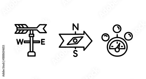 Classic Navigation and Weather Icons: Weathervane, Compass Arrow, and Barometer for Direction, Orientation, and Atmospheric Measurement.