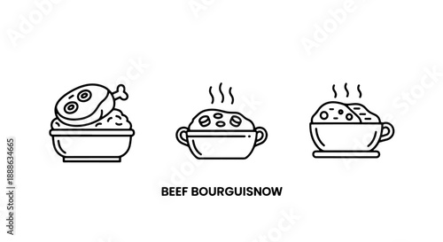 Cozy Hot Meals and Comfort Food Icons: Beef Bourguignon Stew, Steaming Bowls, and Warm Dishes for Culinary Themes and Dining.