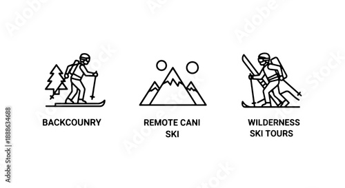 Backcountry Skiing and Wilderness Adventure Icons: Forest Skiers, Mountains, and Remote Ski Tours for Outdoor Exploration.