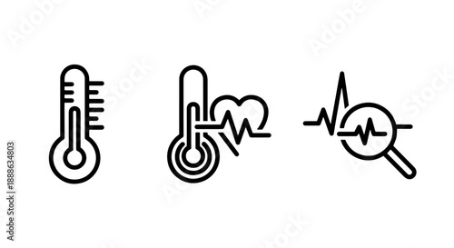 Medical outline icons featuring a thermometer, heartbeat, and health monitoring, symbolizing temperature, pulse, and vital signs.