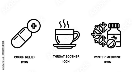 Winter Medicine and Home Remedies for Cough and Throat Relief Line Icons for Healthcare