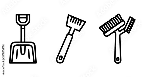 Outline icons depicting snow removal tools like shovels and brushes, perfect for winter maintenance, cleaning, or DIY themes.