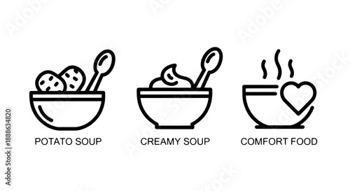 Hearty and Creamy Comfort Food Soups: Potato, Mushroom, and Warm Heart Bowls Line Icons