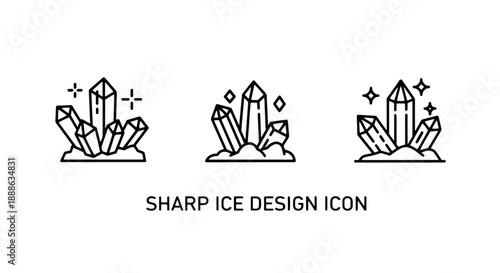 Collection of sharp, crystalline ice formation vector icons, depicting frozen elements and mineral structures in a bold outline style.