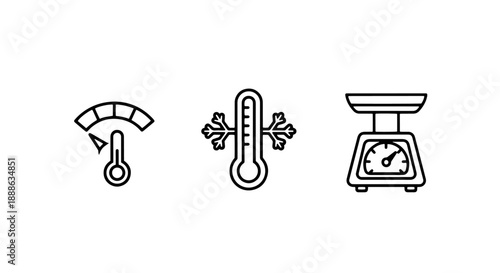 Set of outline icons for temperature measurement with a thermometer and a weight scale, representing cold, hot, and precise measurement.